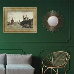 «Сергиева Лавра» в интерьере классической гостиной с зеленой стеной над диваном