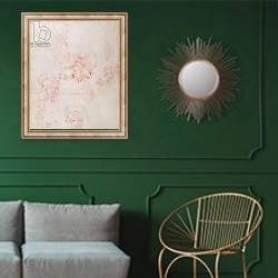«Studies of heads, 1508-12d» в интерьере классической гостиной с зеленой стеной над диваном