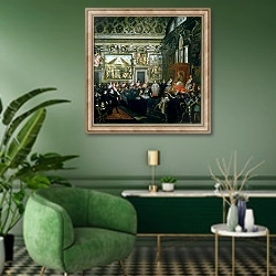 «Pope Paul V with an Audience, 1620» в интерьере гостиной в зеленых тонах