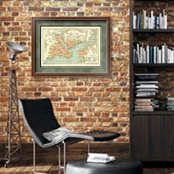 «План Константинополя» в интерьере кабинета в стиле лофт с кирпичными стенами