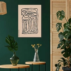 «Абстрактная фигура одной линией» в интерьере в этническом стиле с зеленой стеной