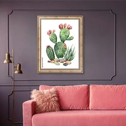 «Акварельный кактус 2» в интерьере гостиной с розовым диваном