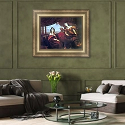 «Портрет графини М.А.Потоцкой, сестры ее - графини С.А.Шуваловой с мандолиной в руках и эфиопянки 183» в интерьере классической гостиной с зеленой стеной над диваном