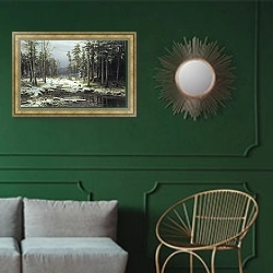 «Первый снег. 1875» в интерьере классической гостиной с зеленой стеной над диваном