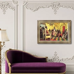 «Сидение царя Михаила Федоровича с боярами в его государевой комнате. 1893» в интерьере классической гостиной с зеленой стеной над диваном