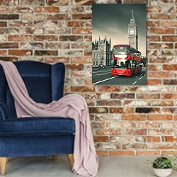 «Англия, Лондон. Современный красный автобус» в интерьере в стиле лофт с кирпичной стеной и синим креслом