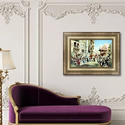 «Эскиз к картине Перенесение священного ковра из Мекки в Каир» в интерьере гостиной в зеленых тонах