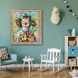 «Клоун с цветком» в интерьере детской комнаты для девочки в бирюзовых тонах