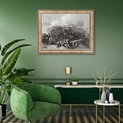 «Storming of Bristol, engraved by J.C. Varrall 1844» в интерьере гостиной в зеленых тонах