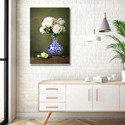 «Натюрморт с китайской вазой и пионами» в интерьере комнаты в скандинавском стиле над тумбой