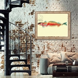 «Fishy Fishy, 2019» в интерьере двухярусной гостиной в стиле лофт с кирпичной стеной