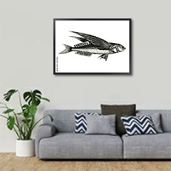 «Летающая рыба на белом фоне» в интерьере гостиной в скандинавском стиле с серым диваном