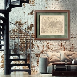«Париж и окрестности, фортификации» в интерьере двухярусной гостиной в стиле лофт с кирпичной стеной