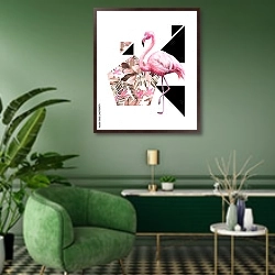 «Абстракция с розовым фламинго 3» в интерьере гостиной в зеленых тонах