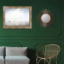 «На Волге. 1892» в интерьере гостиной в зеленых тонах