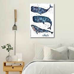 «Набор акварельных китов» в интерьере белой спальни в скандинавском стиле