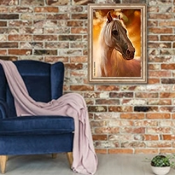 «Портрет белой лошади на золотом фоне» в интерьере в стиле лофт с кирпичной стеной и синим креслом