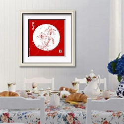«Японская лилия на красном фоне с иероглифами» в интерьере столовой в стиле прованс над столом