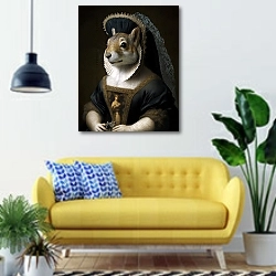 «Мадам Бурундукова» в интерьере современной гостиной с желтым диваном