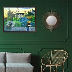 «Evening in the park, 1996» в интерьере классической гостиной с зеленой стеной над диваном
