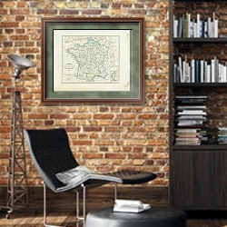 «Карта: Карта Франции, разбитая на департаменты» в интерьере кабинета в стиле лофт с кирпичными стенами