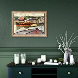 «Portrait of Lubeck with a steamer» в интерьере прихожей в зеленых тонах над комодом