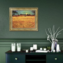 «Закат, пшеничные поля близ Арля» в интерьере прихожей в зеленых тонах над комодом