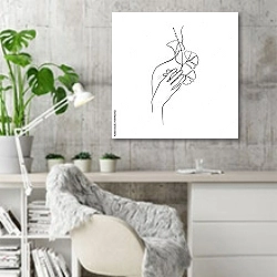 «Женщина с листьями в руке» в интерьере кабинета в скандинавском стиле с бетонной стеной