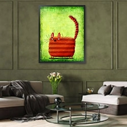 «Красная квадратная кошка на зеленом фоне» в интерьере гостиной в оливковых тонах