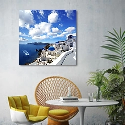 «Греция, Санторини 8» в интерьере современной гостиной с желтым креслом