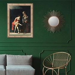 «Madonna and Child with a Serpent, 1605» в интерьере классической гостиной с зеленой стеной над диваном