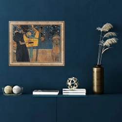 «Music, 1895, by Gustav Klimt, cartoon for Stoclet Frieze, 37x44 cm» в интерьере в классическом стиле в синих тонах