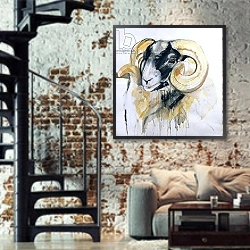 «Long Horn Sheep 2» в интерьере двухярусной гостиной в стиле лофт с кирпичной стеной