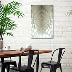 «Белые своды» в интерьере столовой в скандинавском стиле с кирпичной стеной