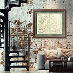 «Карта великого московского княжества, 1679 г. 1» в интерьере двухярусной гостиной в стиле лофт с кирпичной стеной