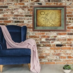 «Стилизованная карта мира, 1635» в интерьере в стиле лофт с кирпичной стеной и синим креслом