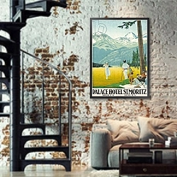«Poster advertising the Palace Hotel at St. Moritz, 1921» в интерьере двухярусной гостиной в стиле лофт с кирпичной стеной