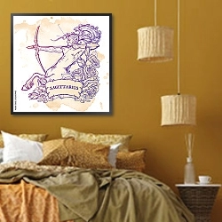 «Знак зодиака Стрелец с декоративной рамкой из роз» в интерьере спальни  в этническом стиле в желтых тонах