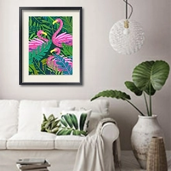 «Flamingos in the jungle» в интерьере гостиной в скандинавском стиле над диваном