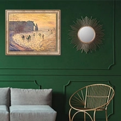 «The Cliffs at Etretat, 1886» в интерьере классической гостиной с зеленой стеной над диваном