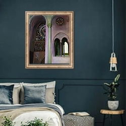 «Fragment of interior of the Notre-Dame cathedral in Paris» в интерьере классической спальни с темными стенами