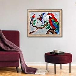 «Macaws, 2006» в интерьере гостиной в бордовых тонах