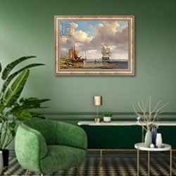«Calm Sea, 1836» в интерьере гостиной в зеленых тонах