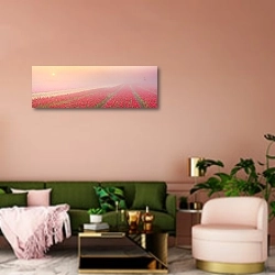 «Голландия. Туман и рассвет над полем с тюльпанами №2» в интерьере современной гостиной с розовой стеной