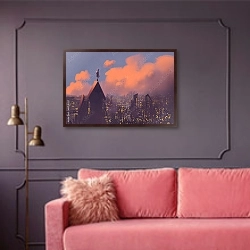 «Человек, смотрящий на город» в интерьере гостиной с розовым диваном