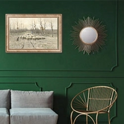 «Schapenkudde op de heide bij Laren» в интерьере классической гостиной с зеленой стеной над диваном