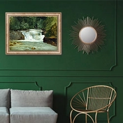 «A Waterfall in Upper Bavaria, 1830» в интерьере классической гостиной с зеленой стеной над диваном