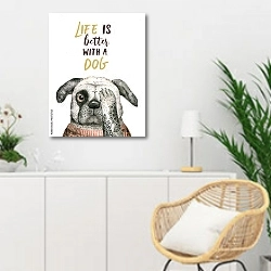 «С собакой жизнь лучше» в интерьере гостиной в скандинавском стиле над комодом