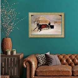 «Pole Pair with a Trace Horse at the Bolshoi Theatre in Moscow, 1852 1» в интерьере гостиной с зеленой стеной над диваном