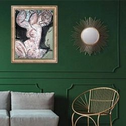 «Nude Caryatid, 1913, by Amedeo Modigliani, gouache, chalk on paper, 60x455 cm» в интерьере классической гостиной с зеленой стеной над диваном